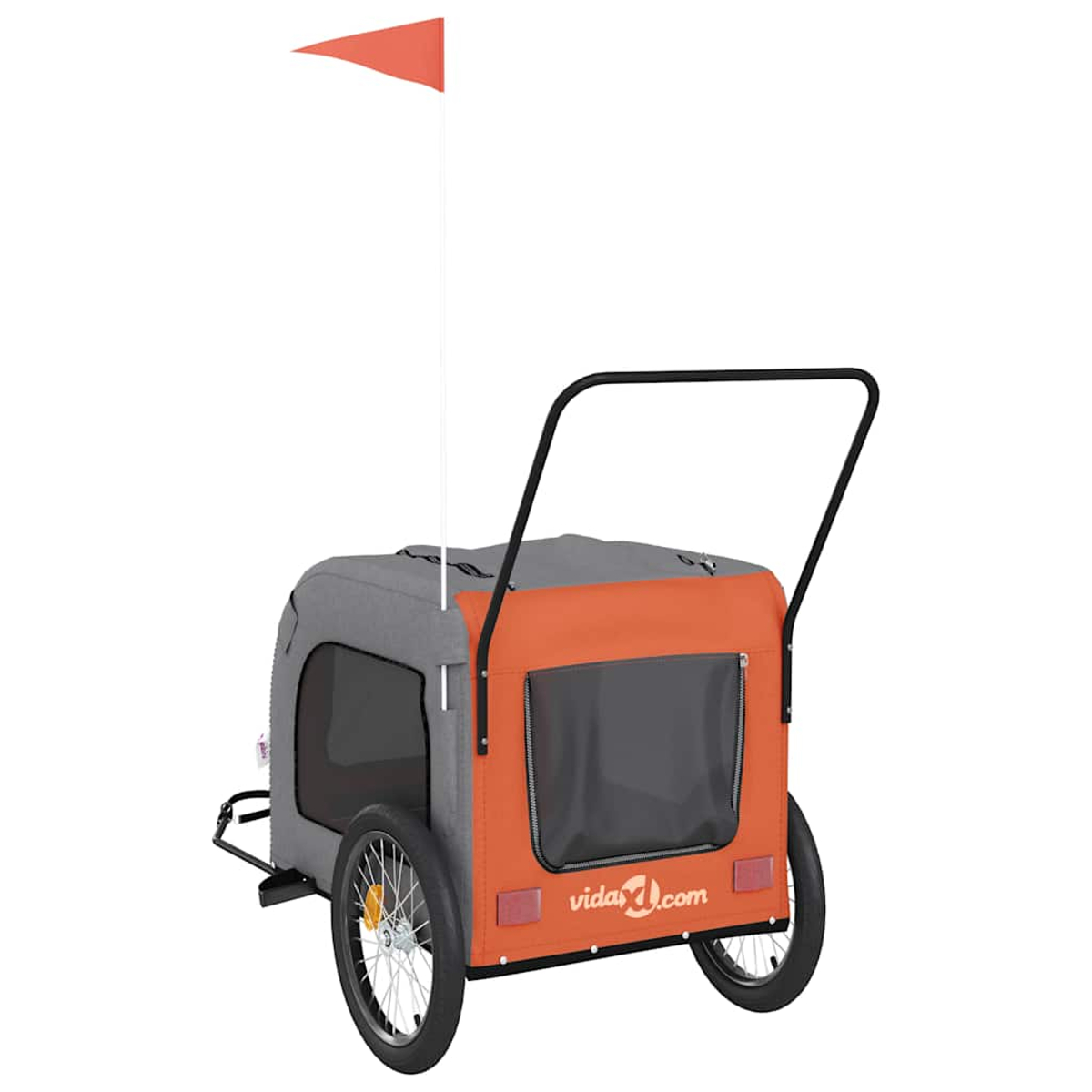 Ein orangefarbener Anhänger mit grauen Seiten, zwei Rädern und einer Flagge.