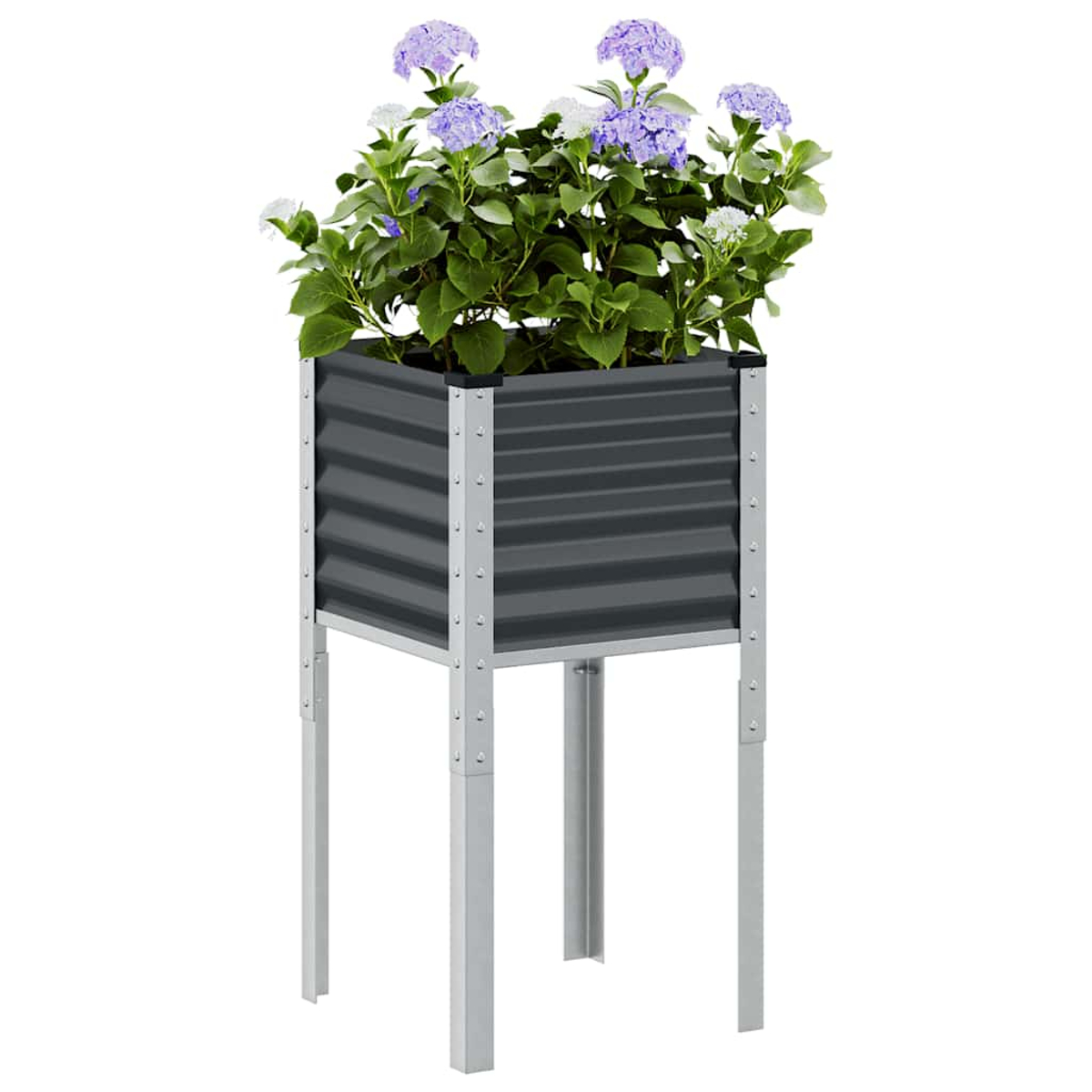 Una fioriera rialzata grigia su gambe argentate con ortensie viola e bianche.