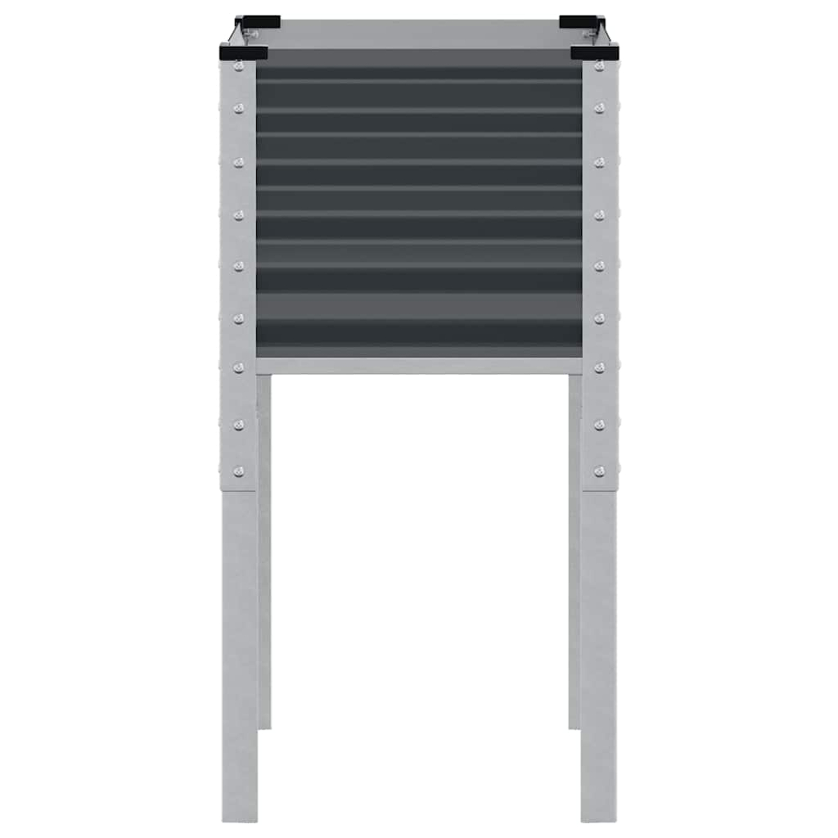 Un contenitore metallico grigio su due gambe con fronte scanalato.