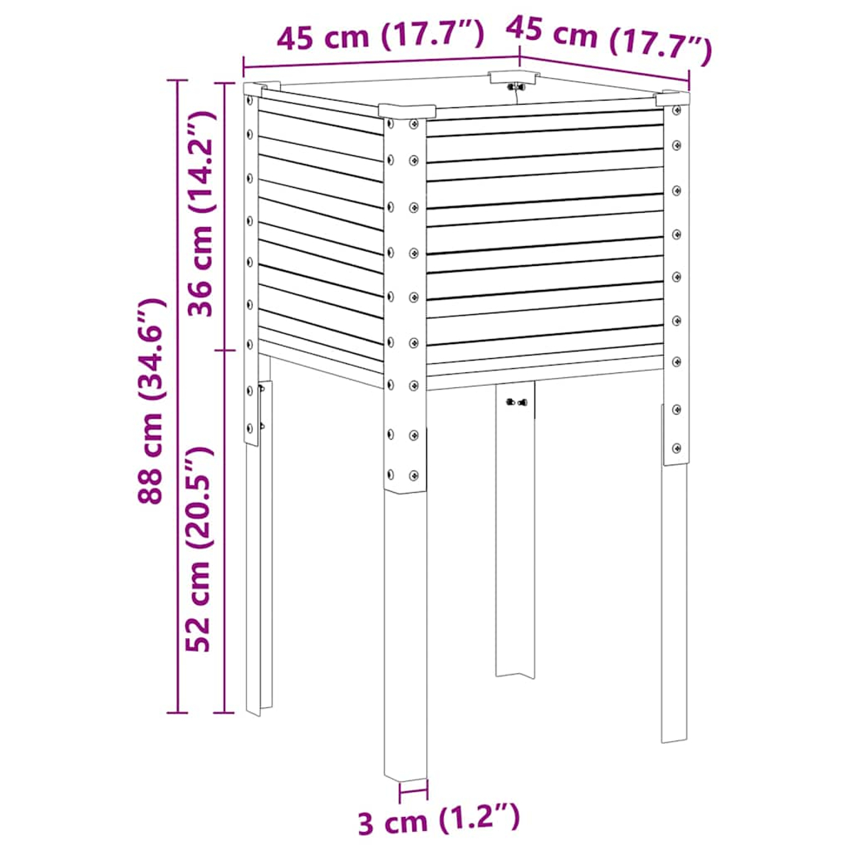 Disegno al tratto di una fioriera con dimensioni. Larghezza 45cm, altezza 36cm, altezza totale 88cm.