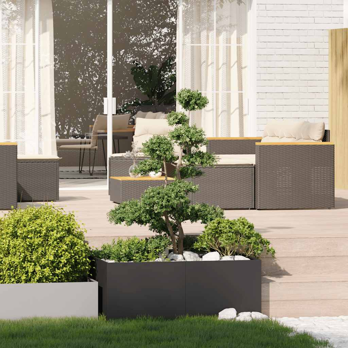 Un patio ordinato con divani in rattan scuro, cuscini e un albero bonsai.