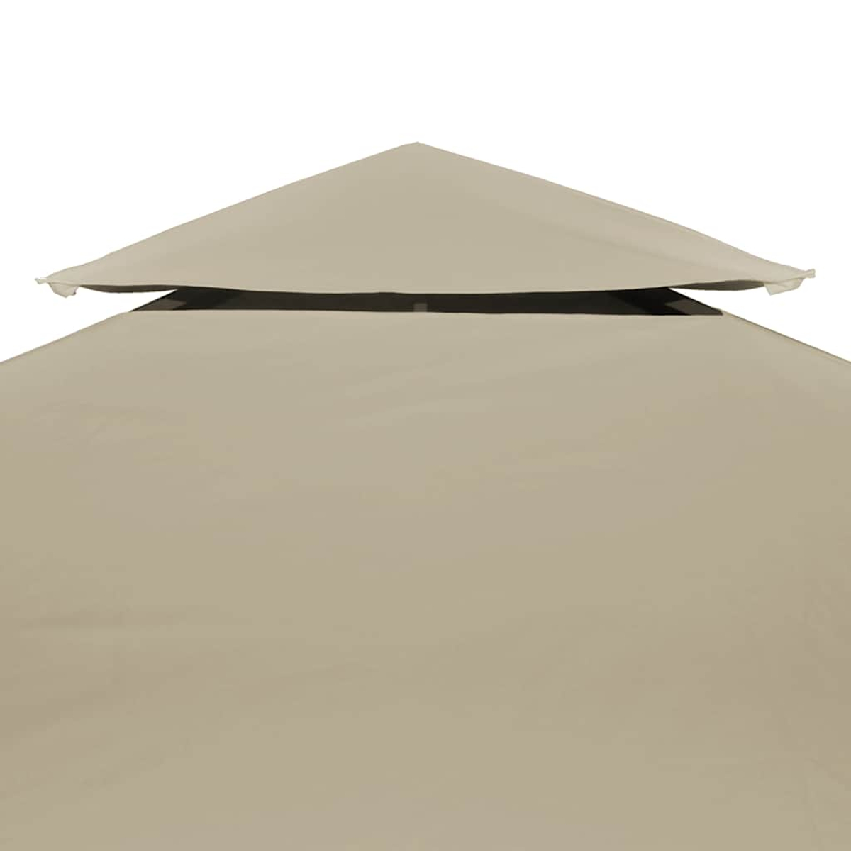 Una parte superior de dosel de cenador beige de dos niveles con fondo blanco.