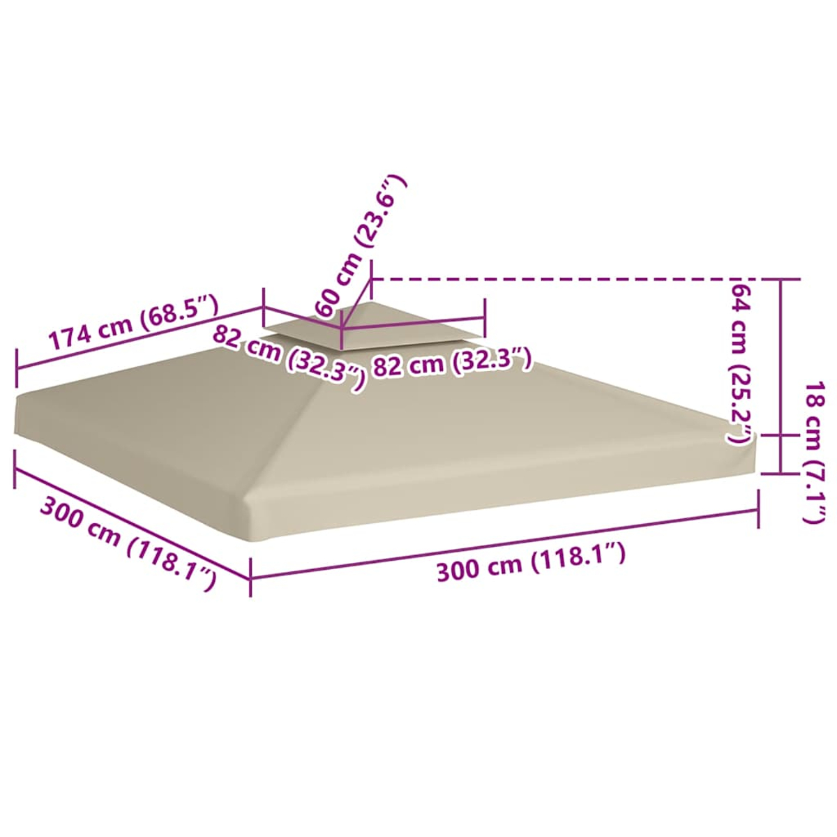 Funda de cenador beige con dimensiones. 300x300x174 cm.