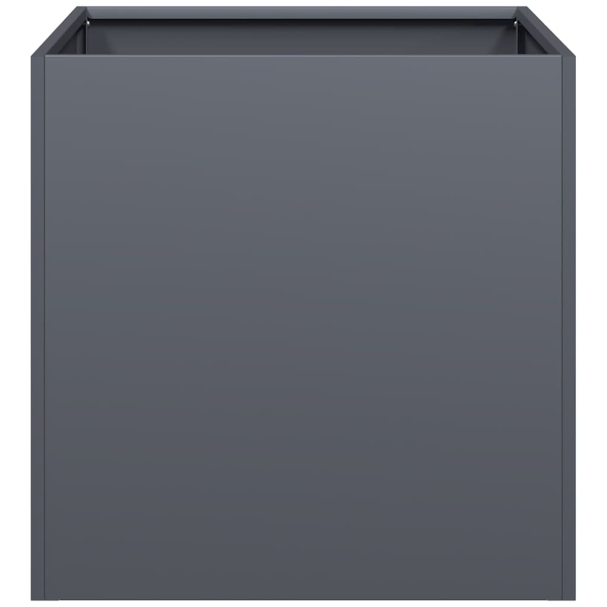 Una semplice fioriera rettangolare in metallo grigio.