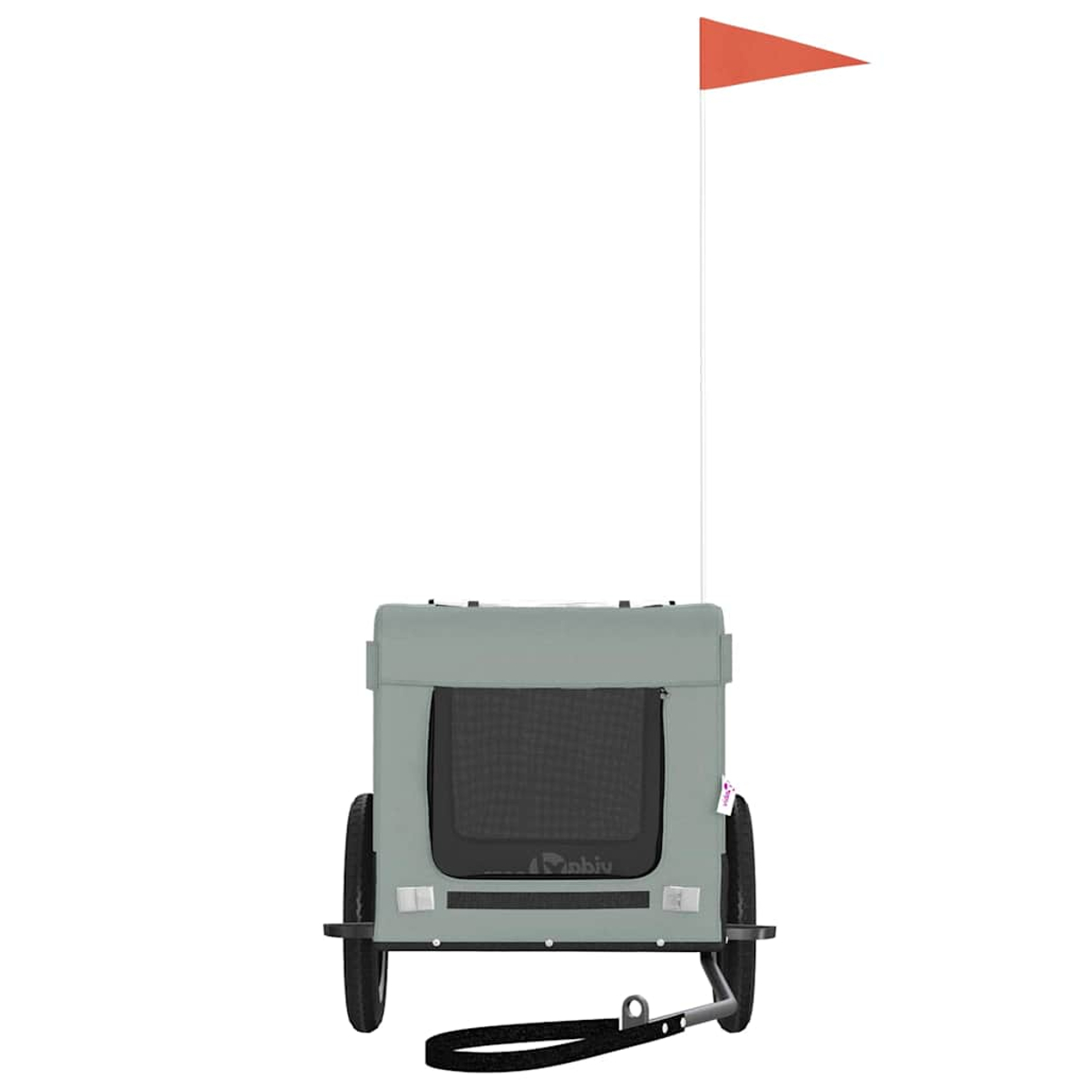 Grauer Anhänger mit Fenster und orangefarbener Flagge auf weißem Hintergrund.