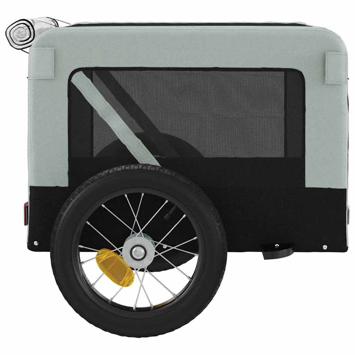 Ein grauer und schwarzer Fahrradanhänger mit einem Rad und Netzfenster.