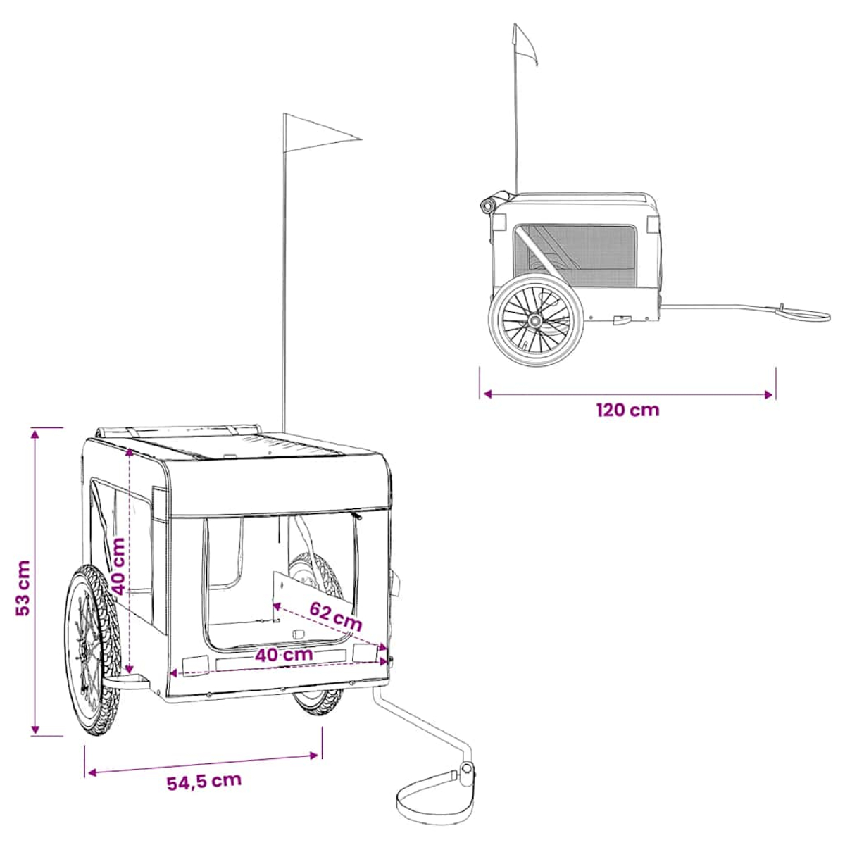 Zwei Ansichten eines Anhängers mit Maßen: Höhe 53cm, Breite 54,5cm, Länge 120cm.