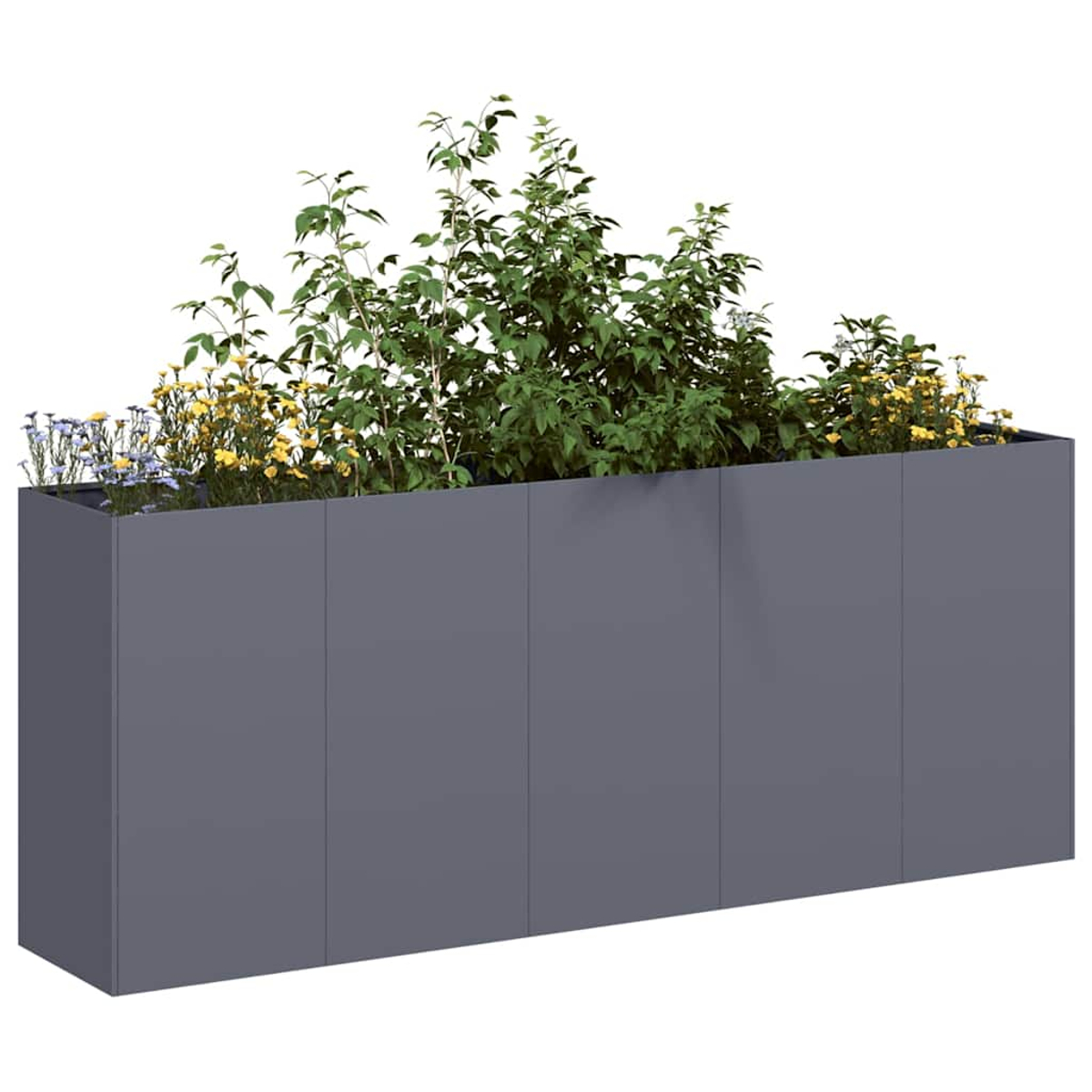 Un lungo fioriera rettangolare grigio riempito con varie piante verdi e fiori gialli/blu.