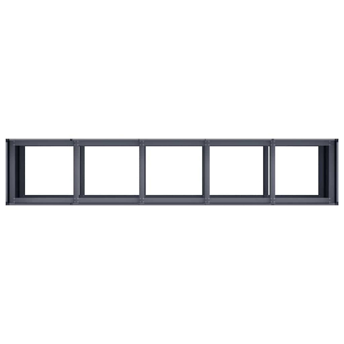 Un mobile scaffale modulare grigio con cinque scomparti aperti uno accanto all'altro.