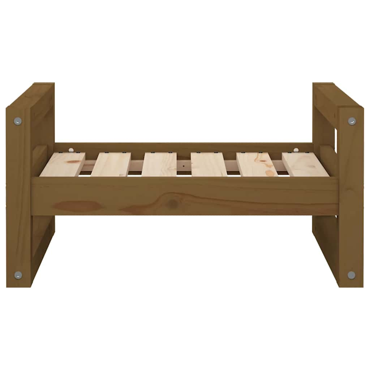 Ein braunes Holzlattenrost-Bettgestell, ohne Matratze.