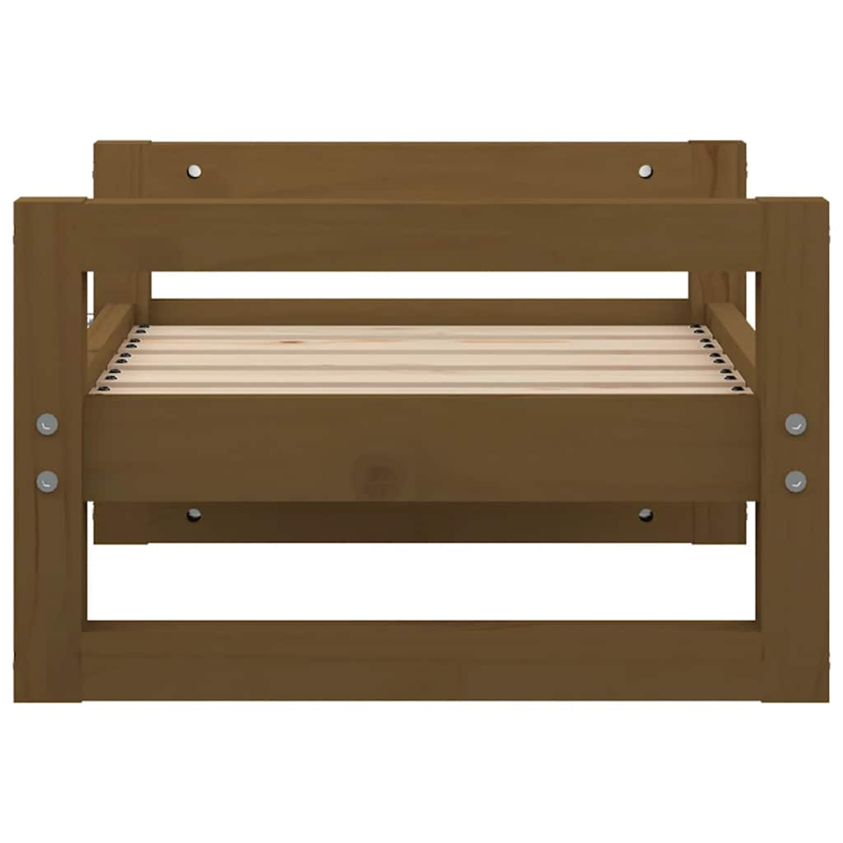 Ein braunes Holzbett mit Lattenrost, von vorne gesehen.