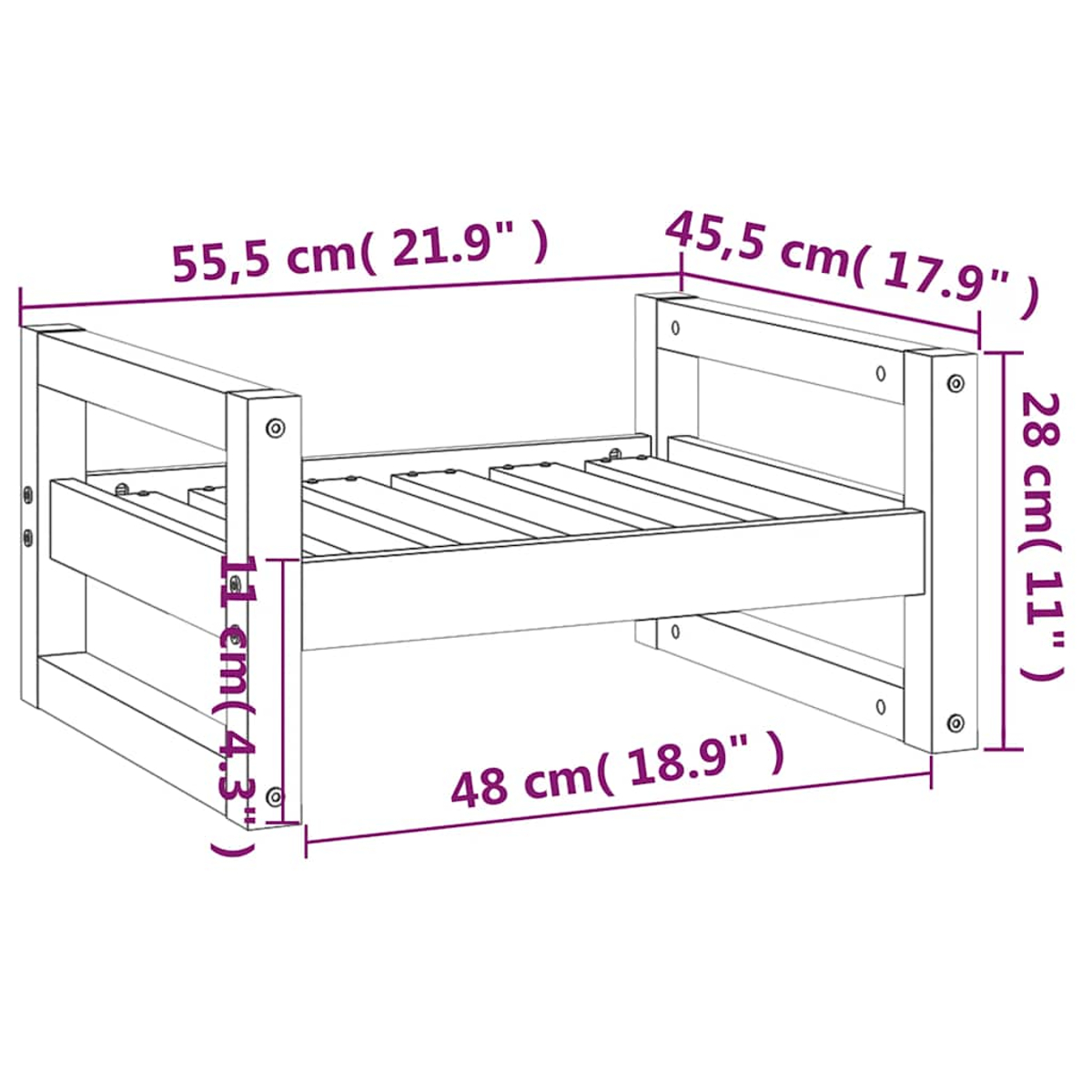 Eine Holzbettstruktur mit Maßangaben: 55,5 cm Länge, 45,5 cm Breite, 28 cm Höhe.