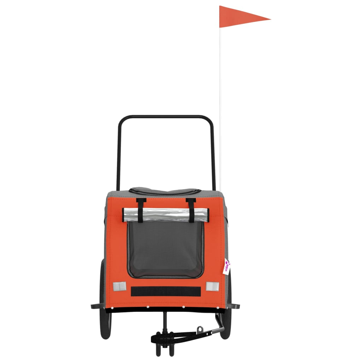 Ein orangefarbener Anhänger mit Netzfenster und Sicherheitsflagge auf weißem Hintergrund.