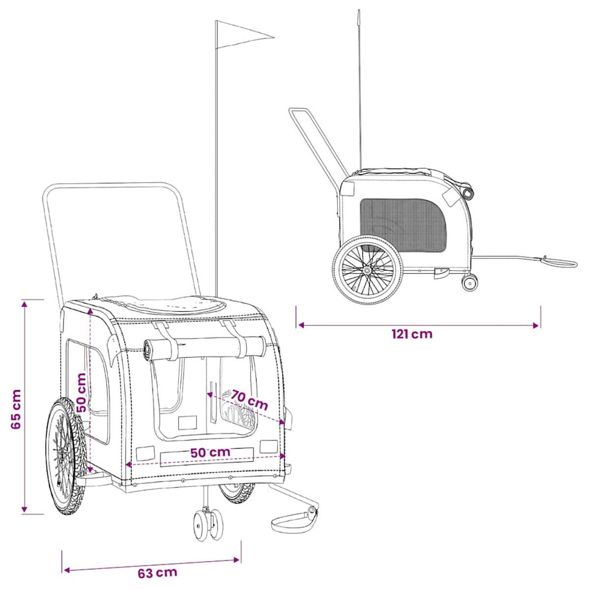 Technische Zeichnung eines Hundeanhängers mit Maßen: 65cm H, 63cm B, 50cm T, 70cm H.