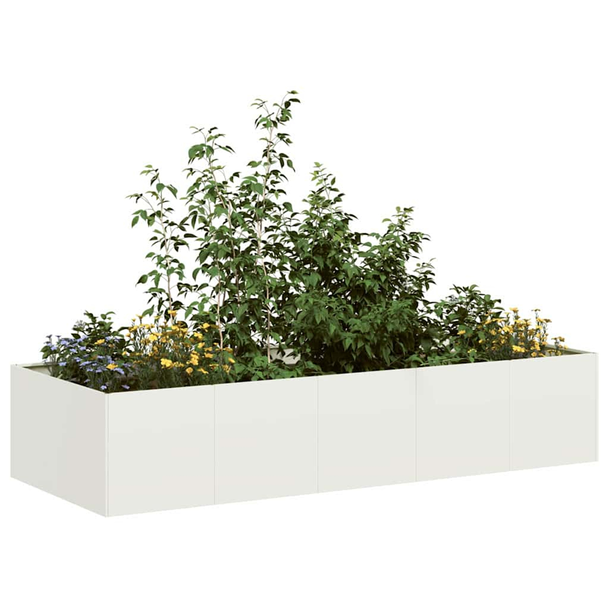 Ein weier rechteckiger Pflanzkasten gefllt mit ppigen grnen Pflanzen und gelben und blauen Blumen.
