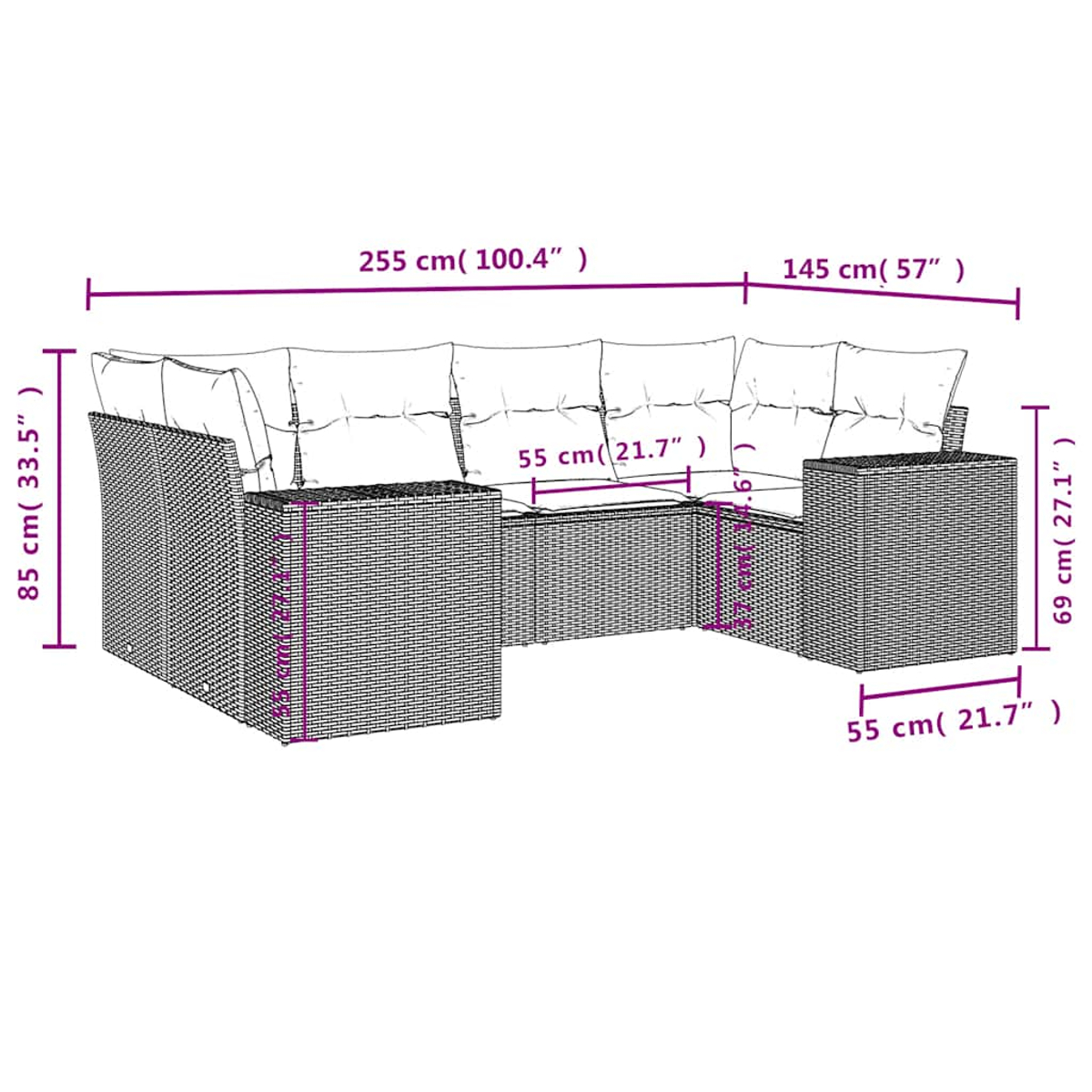 U-förmiges Rattan-Sofa mit weißen Kissen, Maße in cm und Zoll.