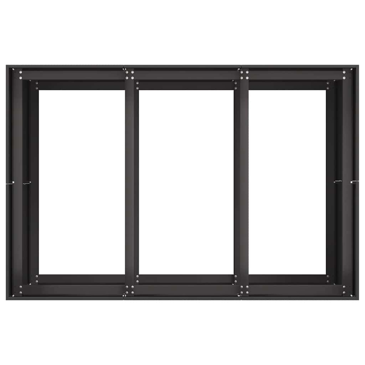 Una cornice nera con tre vetri vuoti, uniti da montanti verticali.