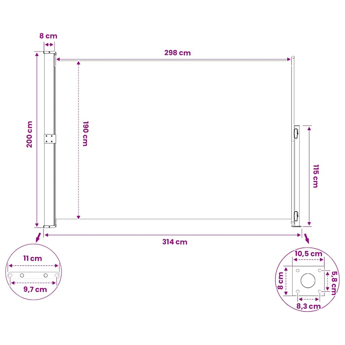 Technische Zeichnung eines Rahmens mit Maßen. 200 cm hoch, 298 cm lang.