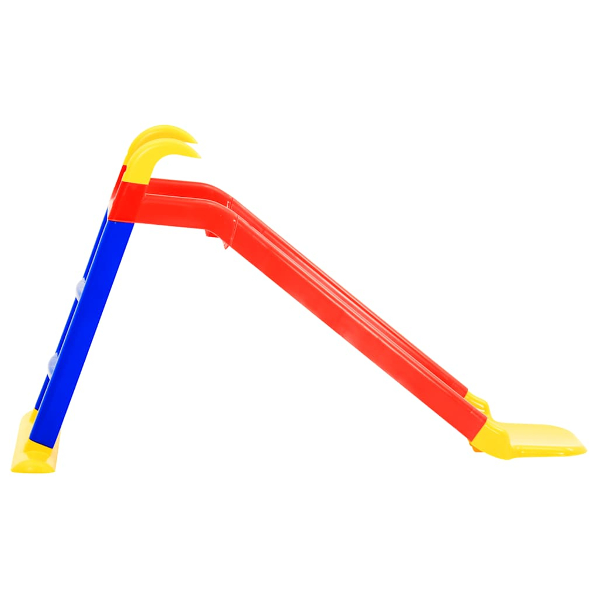 Uno scivolo per bambini rosso e blu con accenti gialli su sfondo bianco.
