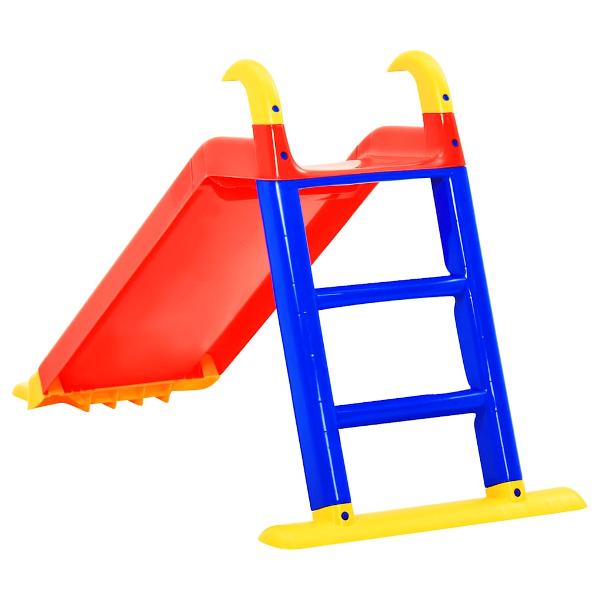 Uno scivolo di plastica rosso, blu e giallo per bambini, su sfondo bianco.