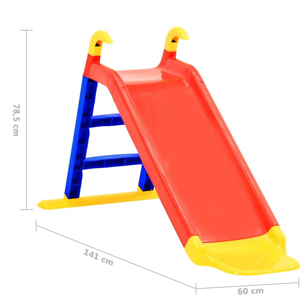 Scivolo in plastica rosso e giallo con scala blu. Dimensioni mostrate.