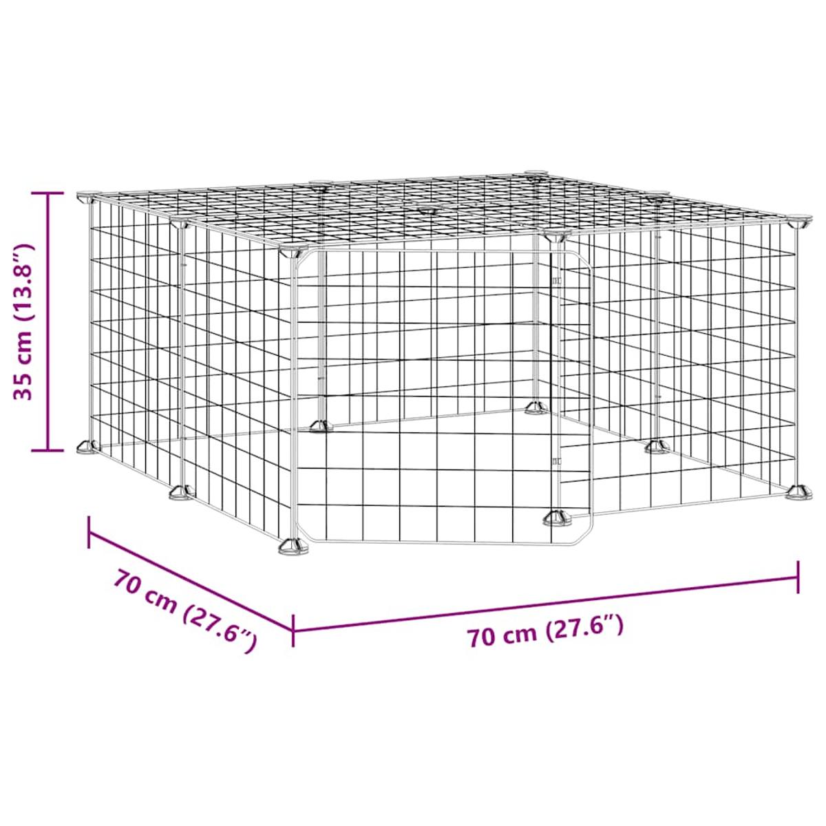 Ein rechteckiger Drahtkäfig mit einer Tür und Maßen von 70x70x35 cm.