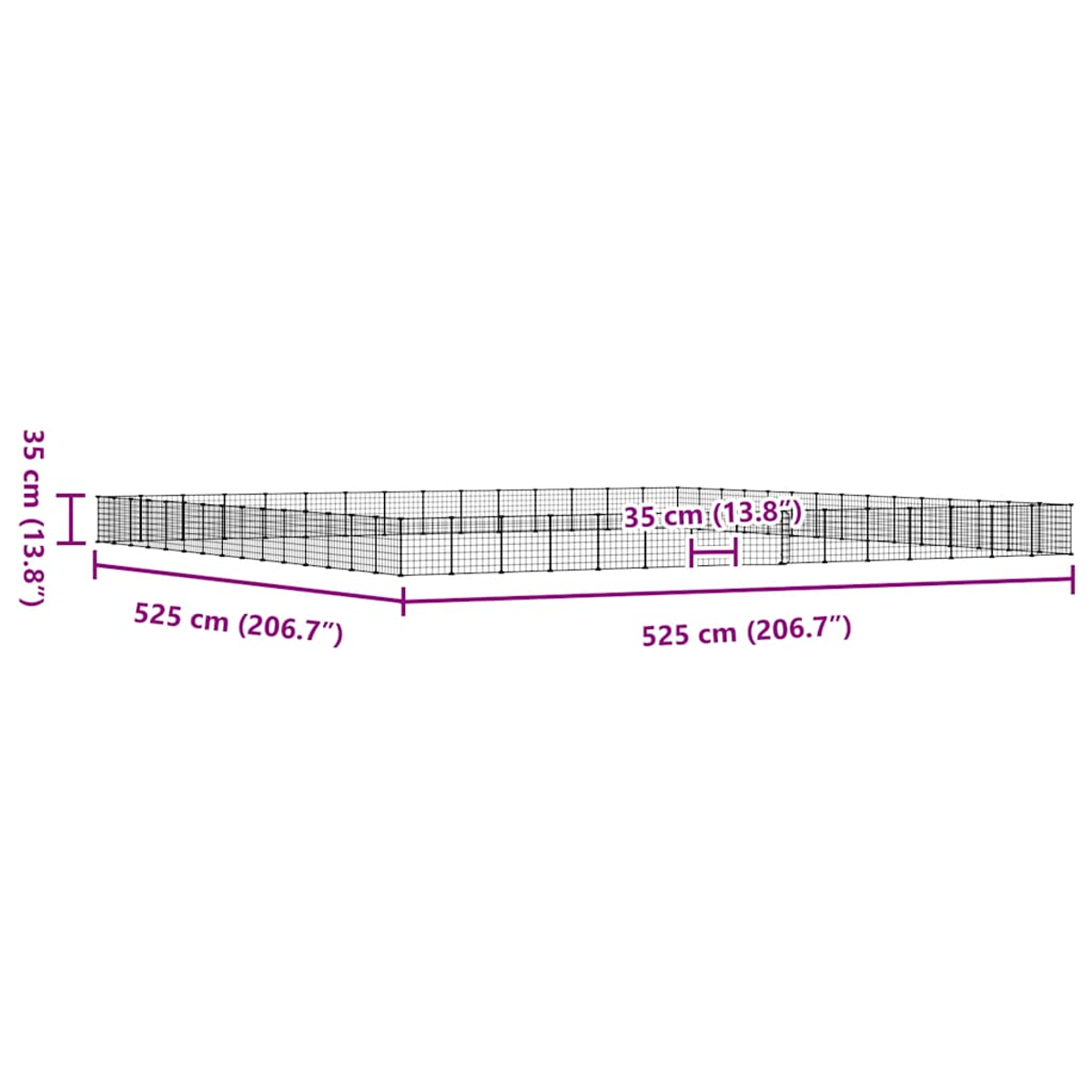 Ein schwarzer Metallzaun mit Maßen: 35cm hoch, 525cm lang auf jeder Seite.
