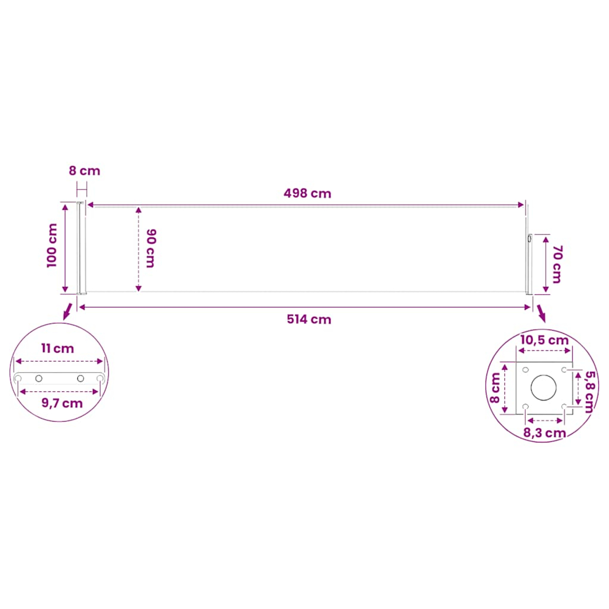 Diagramm mit Maßen: 514cm Gesamtlänge, 100cm Höhe, 498cm Länge.
