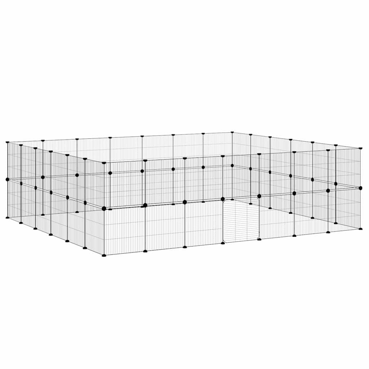 Ein rechteckiger Freigehege aus schwarzem Drahtgeflecht mit mehreren Panels und einer Tür.