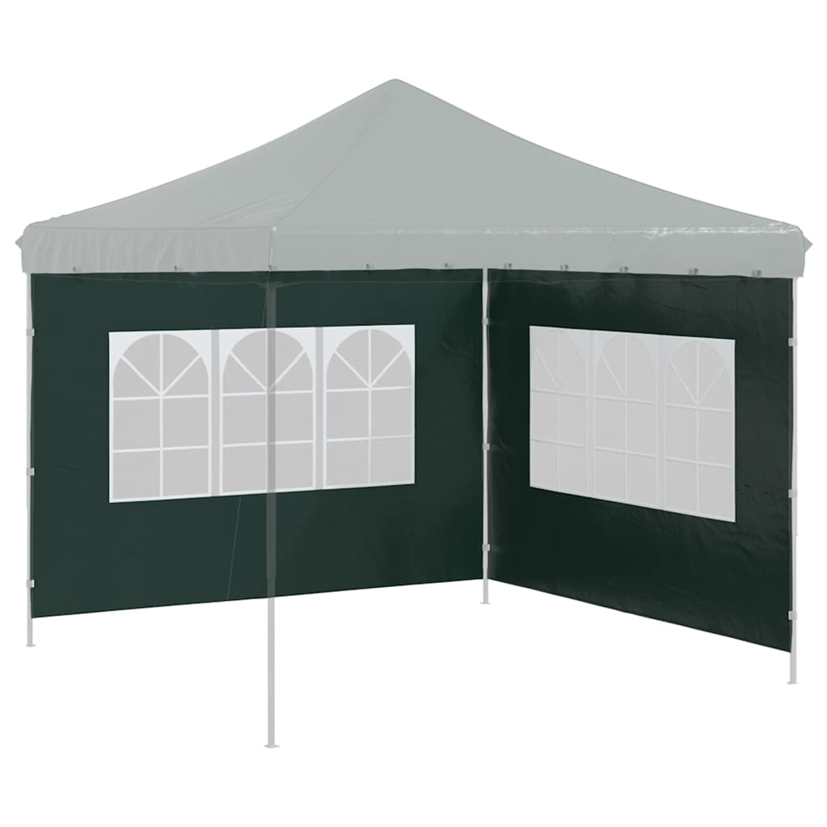 Ein grauer Pavillon mit dunklen Seitenwänden und Fenstern.
