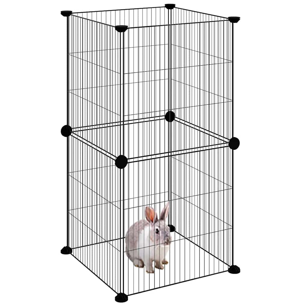 Ein kleiner Hase sitzt in einem schwarzen Drahtkäfig auf weißem Hintergrund.