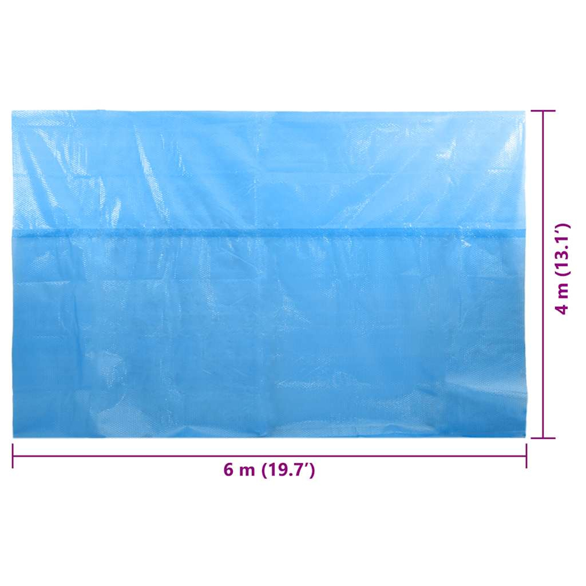 Blaues Tuch mit Maßen 6m x 4m, mit Falten und einer Naht.