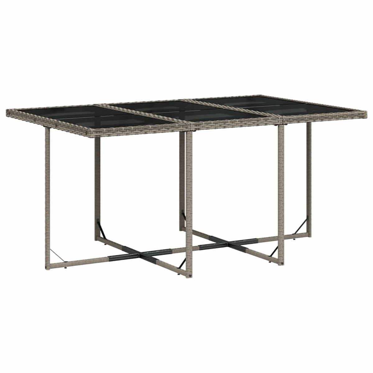 Ein rechteckiger Tisch aus Rattan mit Glasplatte und X-förmigen Beinen.
