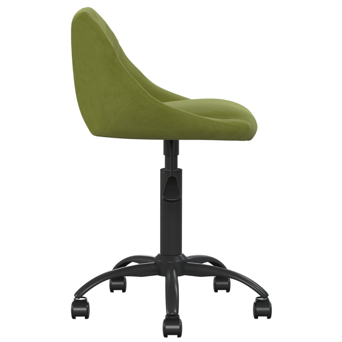 Una silla de oficina de terciopelo verde con base negra ajustable y ruedas.