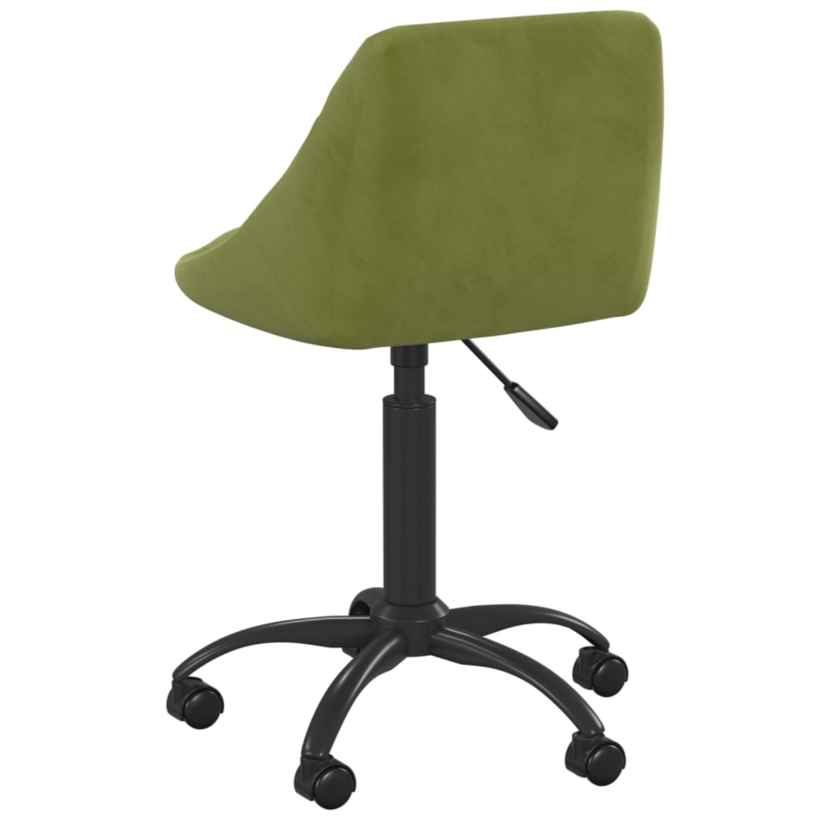 Silla de oficina verde con base negra y ruedas, vista desde atrás.