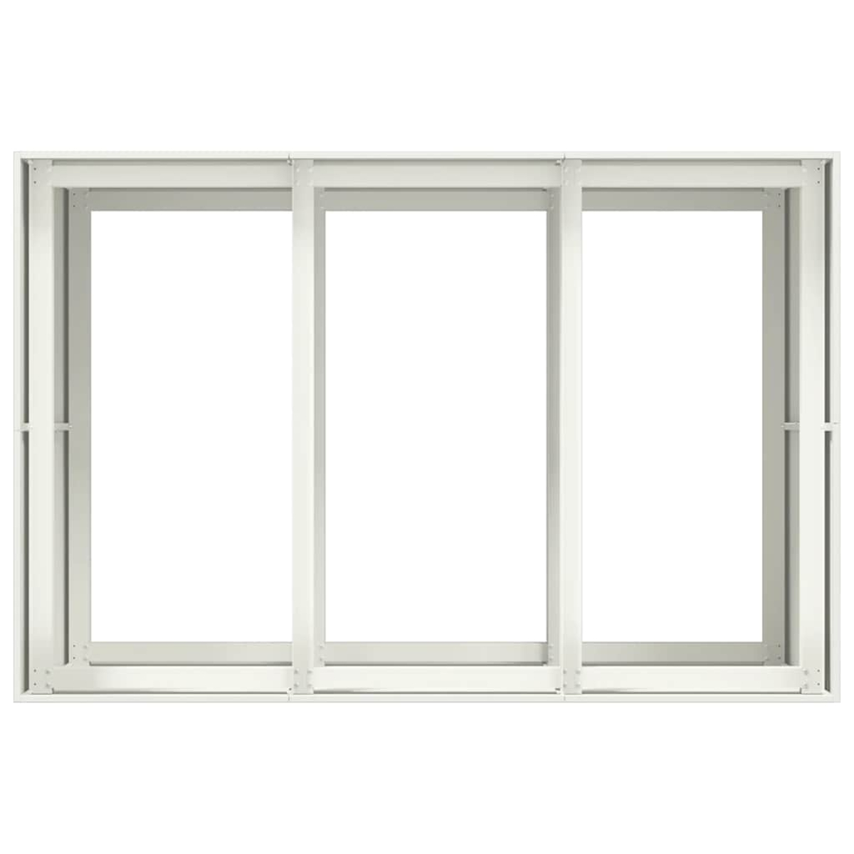 Un telaio di finestra bianco a tre sezioni con linee pulite e montanti stretti.