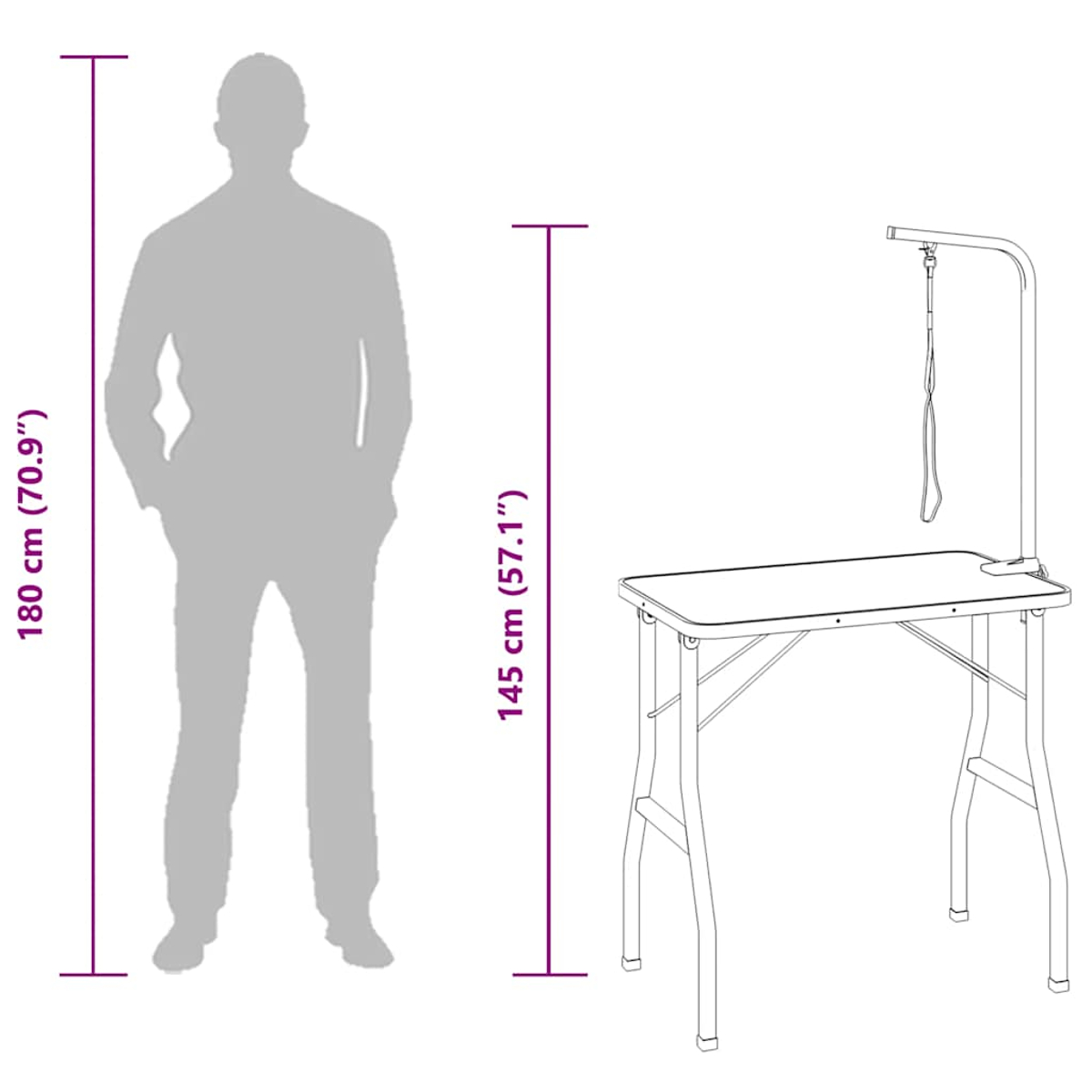 Silhouette einer Person (180 cm) neben einem Pflegetisch (145 cm) mit Galgen und Leine.
