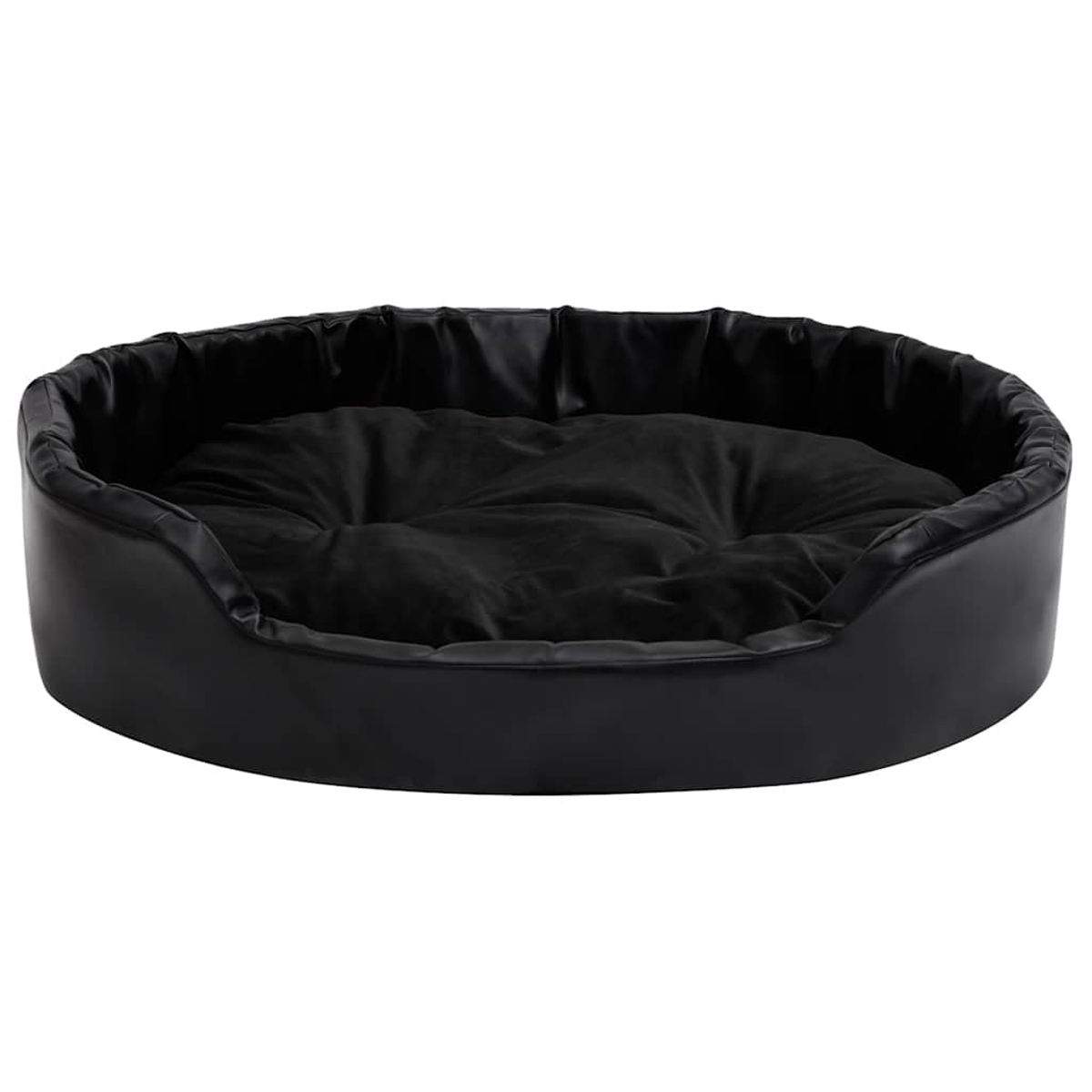 Ein schwarzes, gepolstertes Hundebett mit hohem Rand und weichem Kissen.