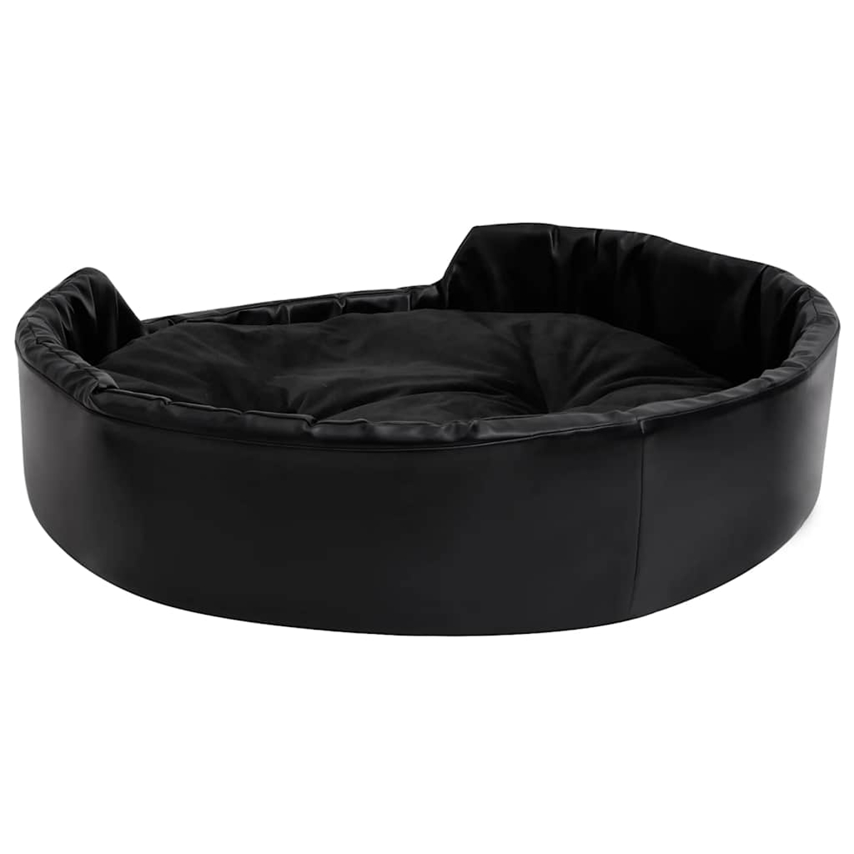Ein schwarzes, rundes Hundebett aus Kunstleder mit weichem Kissen.