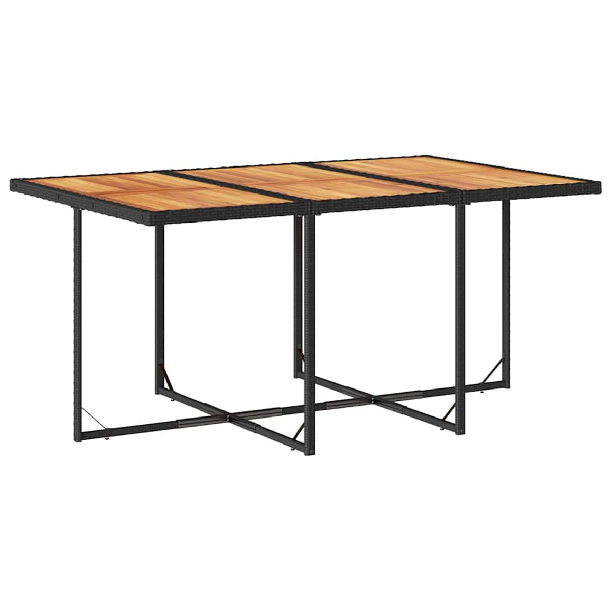 Ein rechteckiger Tisch mit Holzlattenoberseite und schwarzem Metallgestell.