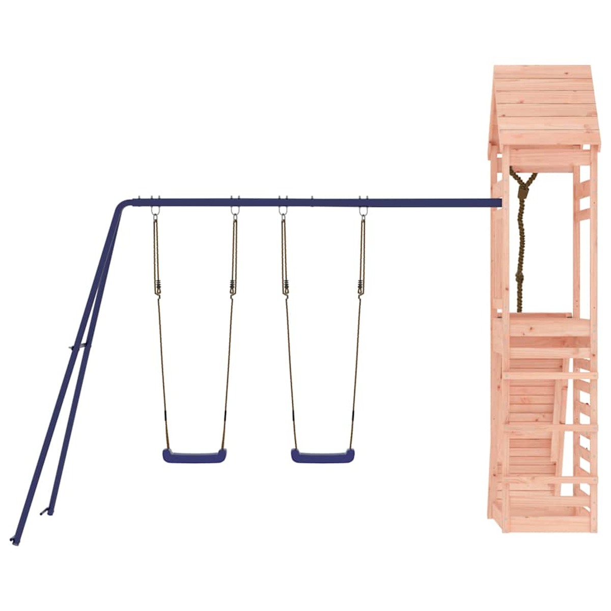 Ein hölzerner Spielturm mit einer Strickleiter und einer blauen Doppelschaukel.