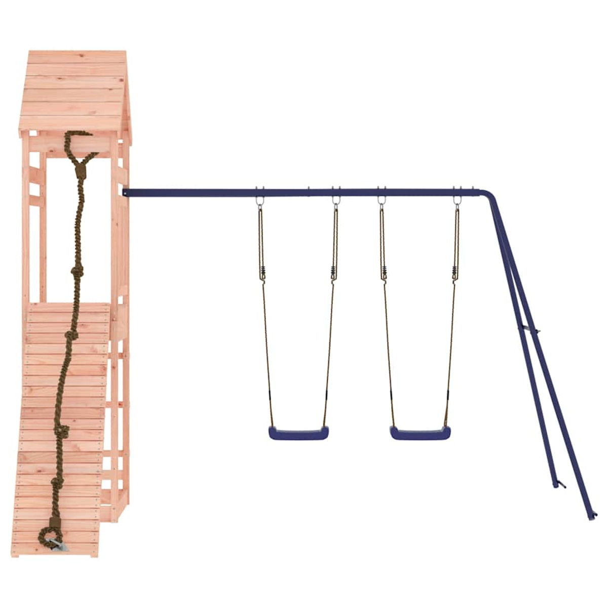 Ein Holzspielturm mit Strickleiter und Schaukelgestell mit zwei blauen Schaukeln.