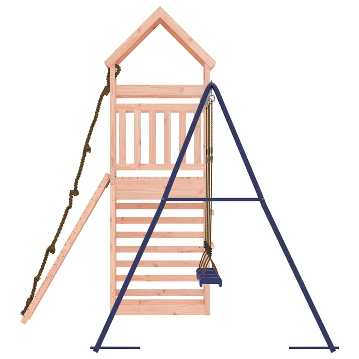 Eine Holzspielstruktur mit Strickleiter, Rutsche und blauer Schaukel.