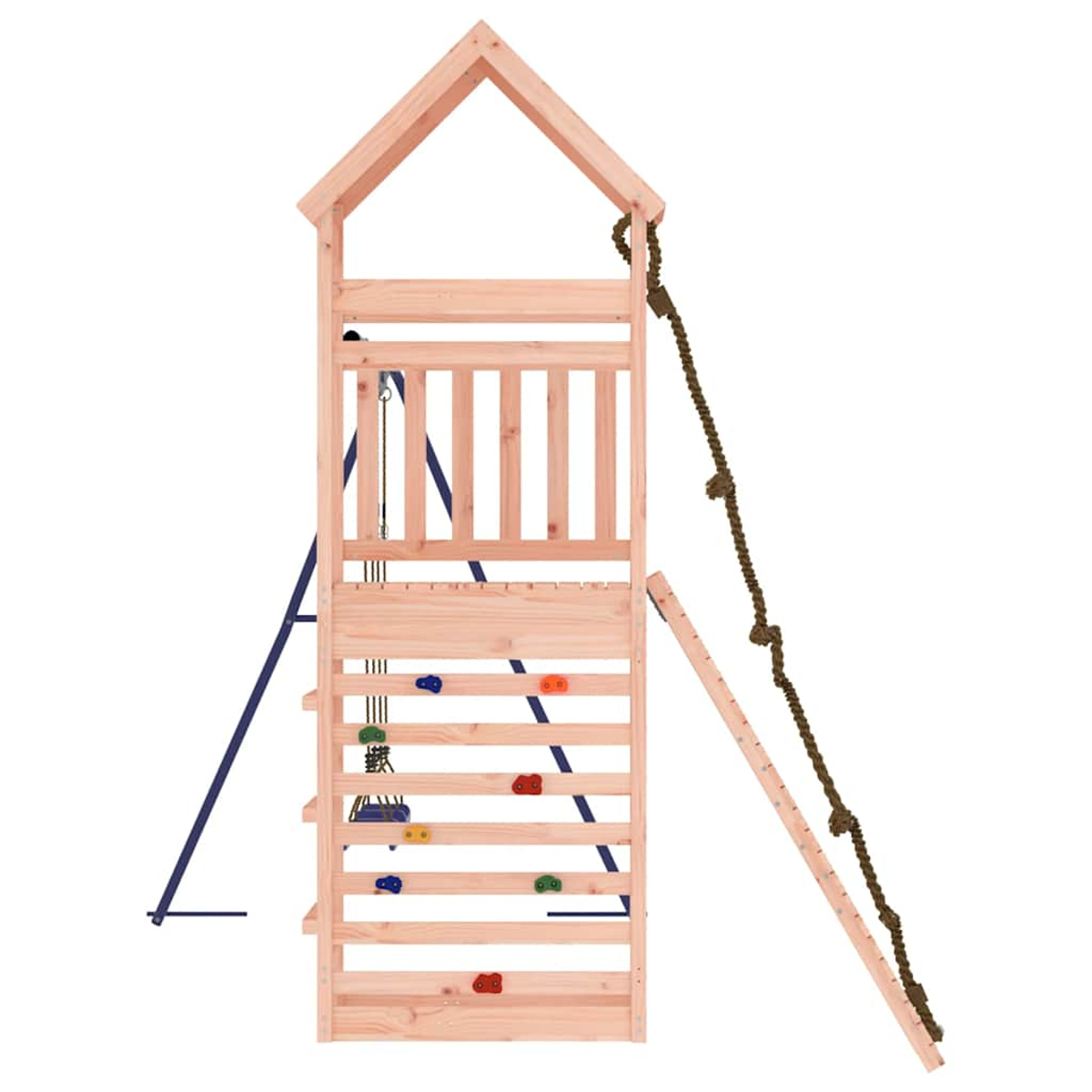 Ein hölzerner Spielturm mit Kletterwand, Seil und Leiter.