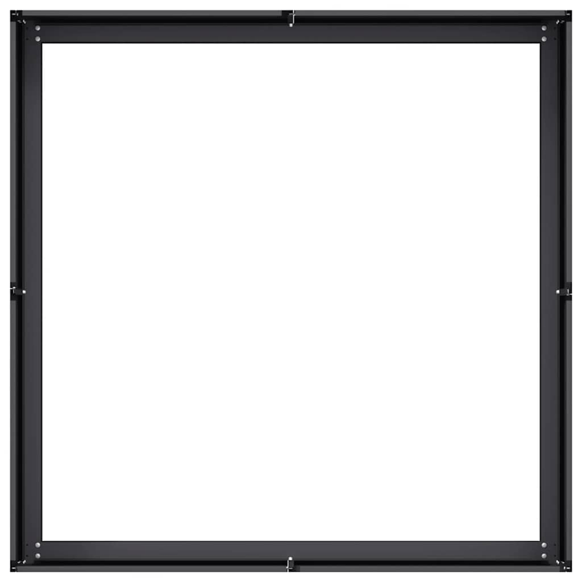 Una cornice rettangolare in metallo nero con rivetti argentati, isolata su sfondo bianco.