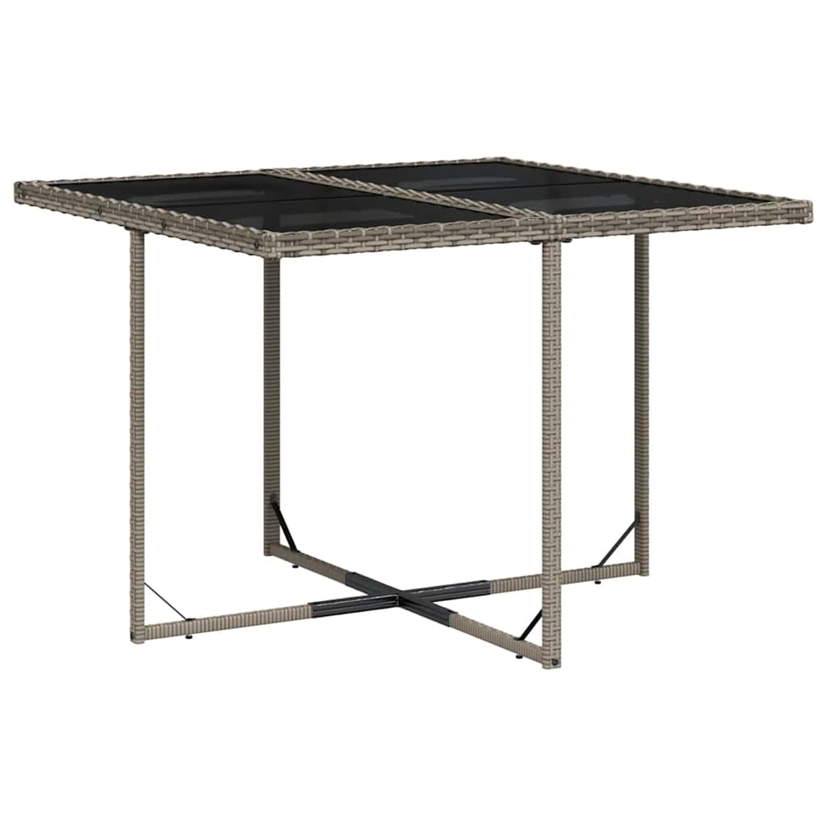 Ein rechteckiger Tisch mit Rattan-Optik und Glasplatte auf weißem Hintergrund.
