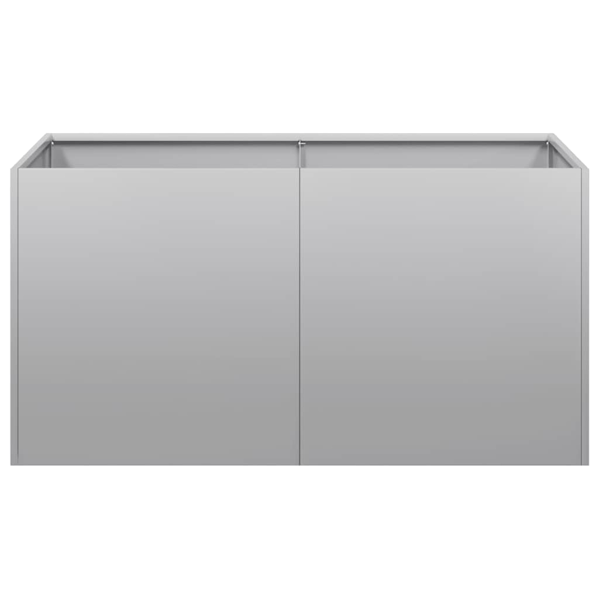 Un armadio rettangolare grigio con due ante su sfondo bianco.