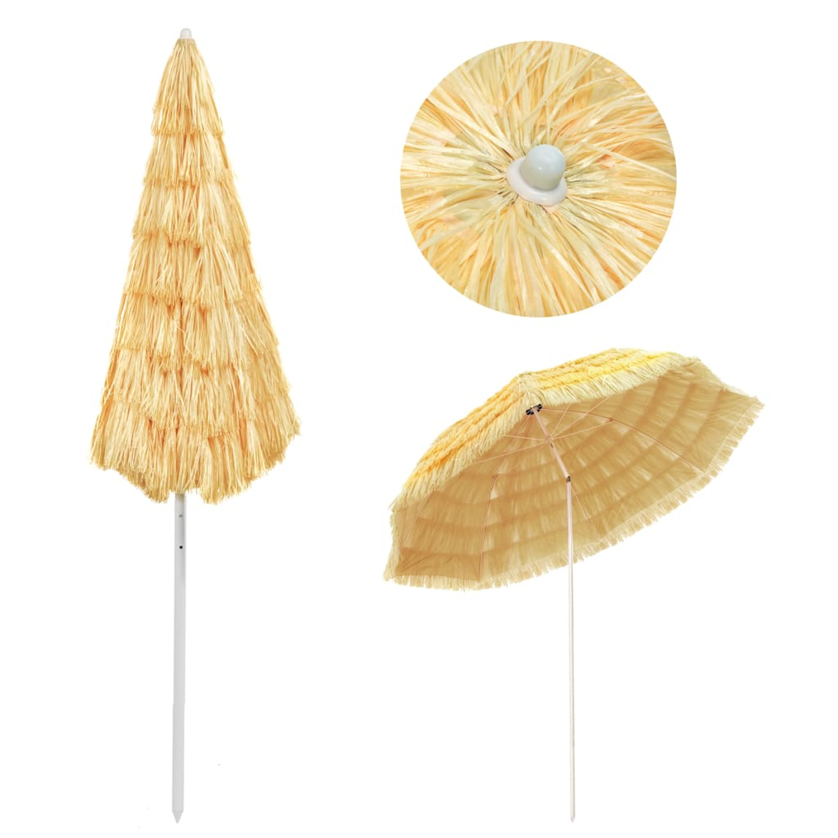 Un ombrellone giallo di paglia, uno chiuso dritto, uno aperto, su sfondo bianco.