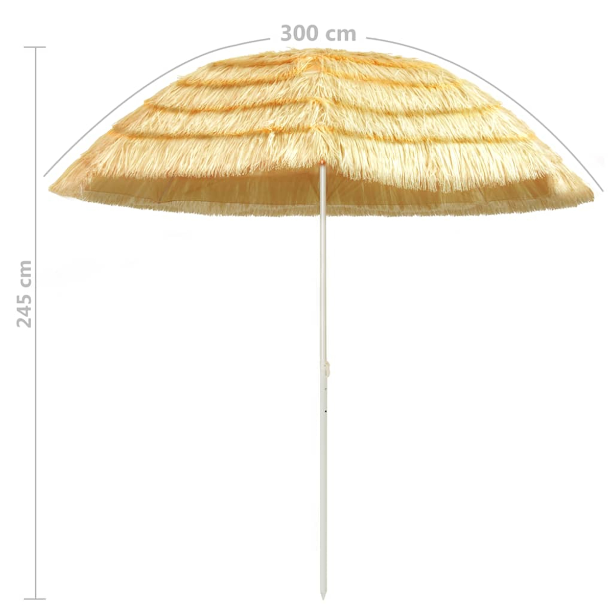 Un ombrellone giallo di paglia con un palo bianco, largo 300 cm e alto 245 cm.