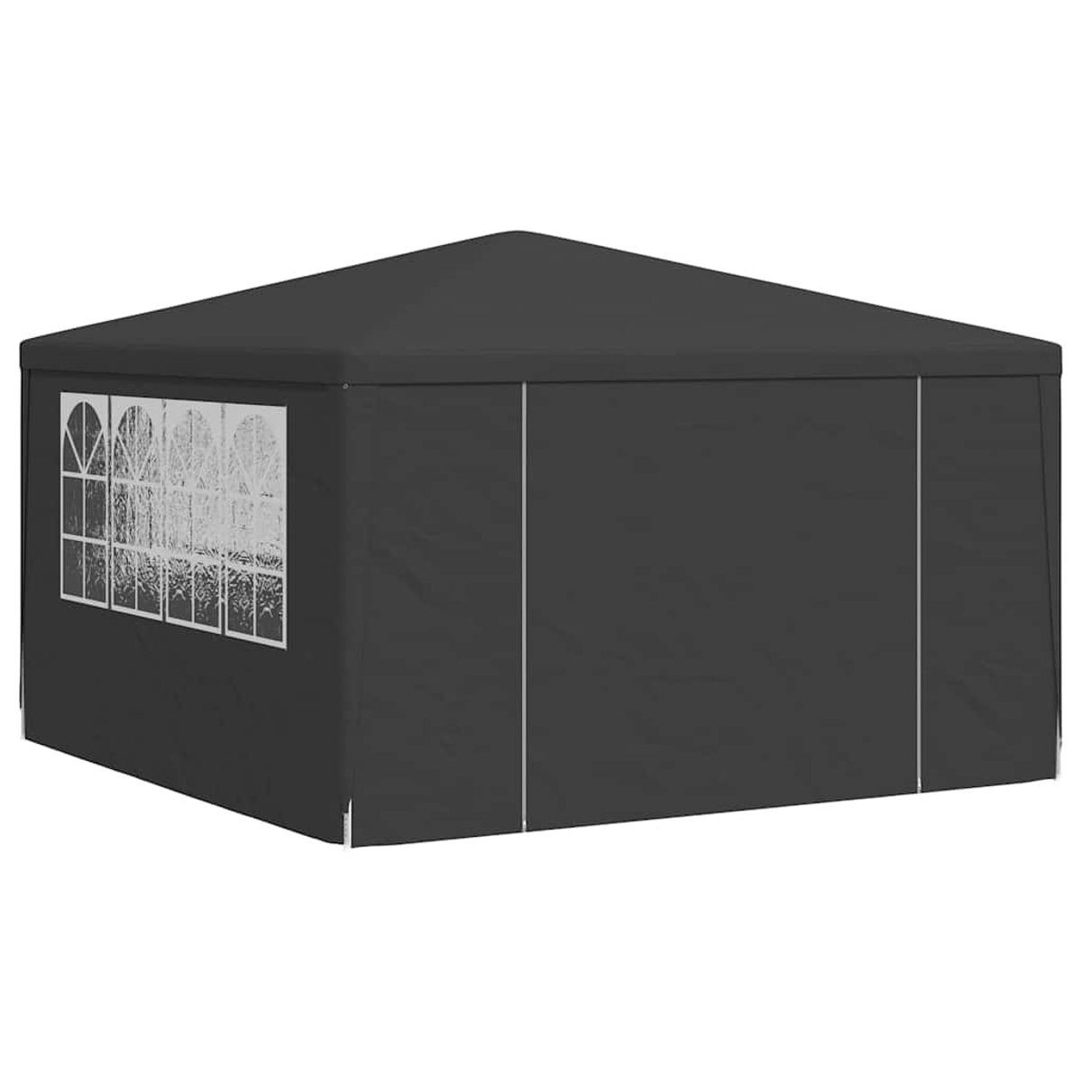 Una carpa gris oscura con ventanas y techo a dos aguas, aislada en blanco.